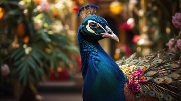 A vibrant peacock displaying its colorful feathers in a lush, floral setting. photo