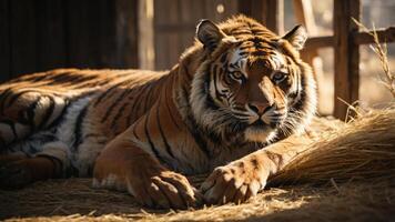 A close-up of a resting tiger in a natural setting, showcasing its striking features. photo