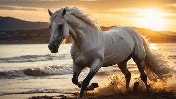 A majestic white horse galloping along a beach at sunset, creating a serene and dynamic scene. photo