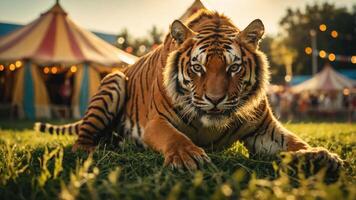 A majestic tiger resting on grass near a colorful circus tent in a lively outdoor setting. photo
