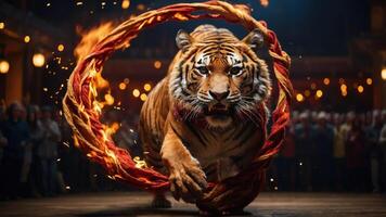 A tiger leaps through a flaming hoop in a circus performance, showcasing its agility and power. photo