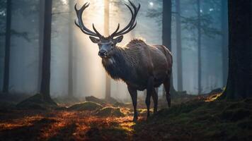 A majestic stag stands in a misty forest, illuminated by soft sunlight. photo