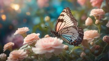 A delicate butterfly perched on soft pink flowers in a serene, colorful garden setting. photo
