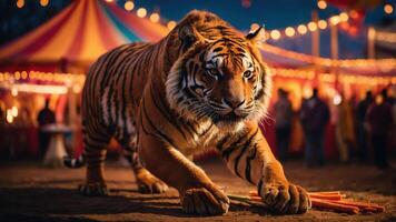 A tiger prowls near a circus tent, illuminated by festive lights at dusk. photo