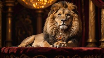 A majestic lion adorned with a regal necklace, resting on a plush surface in an opulent setting. photo