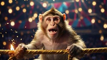 A surprised monkey in a circus setting, surrounded by colorful lights and festive atmosphere. photo