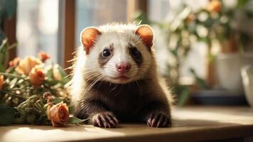A close-up of a cute animal surrounded by flowers in a sunlit indoor setting. photo