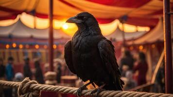 A raven perched on a rope in a vibrant circus setting during sunset. photo