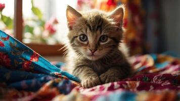 A cute kitten resting on a colorful fabric, gazing curiously at the viewer. photo