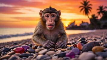 A monkey sits on a pebbled beach at sunset, surrounded by colorful stones. photo