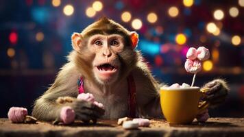A monkey enjoying sweets and a colorful setting, evoking a playful atmosphere. photo