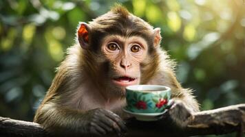 A monkey sipping from a small decorative cup in a lush green setting. photo