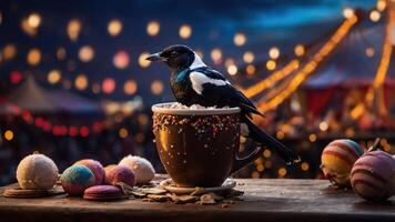 A magpie perched in a cup surrounded by colorful sweets at a festive setting. photo