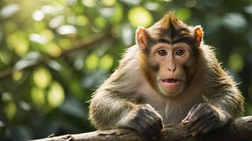 A close-up of a curious monkey on a branch surrounded by greenery. photo