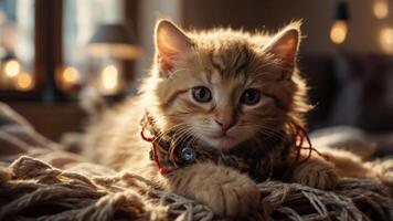 A fluffy ginger kitten lying on a textured surface with soft lighting in the background. photo