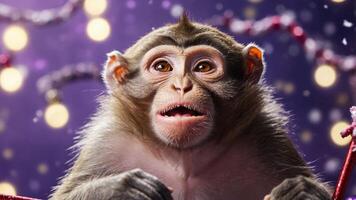 A curious monkey with wide eyes, set against a festive background with lights. photo