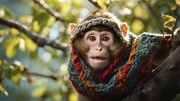 A playful monkey wearing a colorful scarf, perched on a tree branch amidst greenery. photo