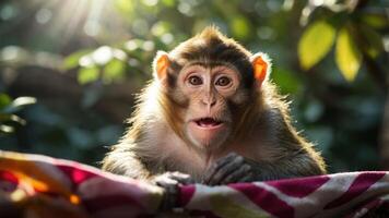 A close-up of a surprised monkey with a vibrant background in a natural setting. photo