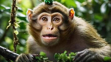 A close-up of a monkey with a curious expression in a lush green environment. photo