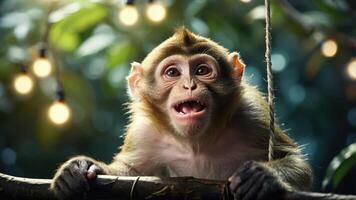 A playful monkey hanging on a branch, surrounded by glowing lights in a lush environment. photo
