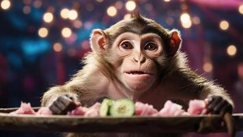 A curious monkey looks at a platter of watermelon and cucumber, set against a festive background. photo