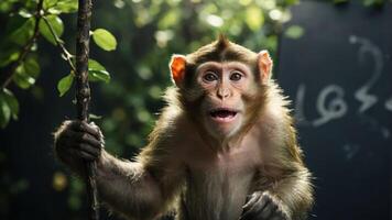 A curious monkey with a surprised expression, holding onto a branch in a lush environment. photo
