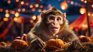 A monkey surrounded by pumpkins at a festive event with warm lights. photo
