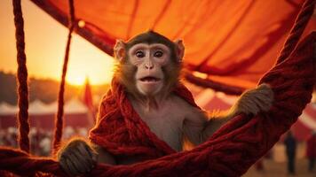 A monkey perched on a rope with a sunset backdrop, evoking a whimsical atmosphere. photo