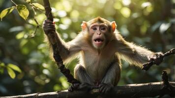 A monkey perched on a branch, expressing a lively demeanor in a lush environment. photo
