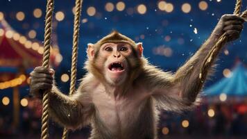 A monkey on a swing, expressing excitement in a vibrant carnival setting. photo
