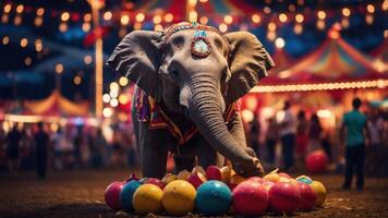 An elephant adorned with decorations interacts with colorful balls at a festive night scene. photo