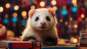 A close-up of a cute ferret amidst colorful decorations and lights. photo