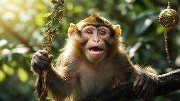 A playful monkey sitting on a branch in a lush green environment, expressing joy. photo
