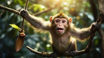 A playful monkey hanging from a branch, showcasing its lively expression in a lush environment. photo