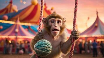 A monkey swings with a ball of yarn at a colorful circus during sunset. photo