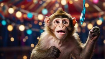 A playful monkey in a festive setting, engaging with a colorful backdrop. photo