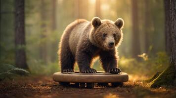A bear standing on a circular platform in a sunlit forest setting. photo