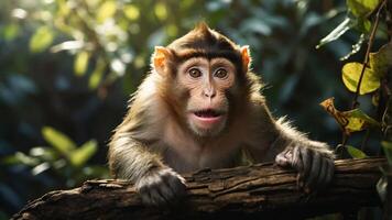 A curious monkey perched on a branch, surrounded by lush greenery. photo