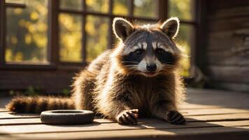 A raccoon resting on a wooden surface in a sunlit environment. photo