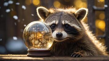A curious raccoon gazes at a snow globe, capturing a whimsical winter scene. photo