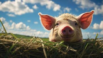 A cute piglet resting on hay under a bright blue sky with fluffy clouds. photo
