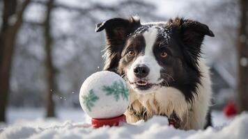 A playful dog in the snow with a festive ball, capturing a joyful winter moment. photo