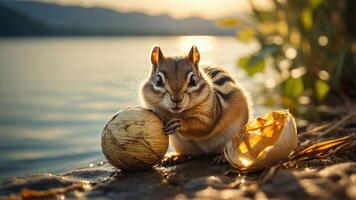 A chipmunk holds a nut by a serene lakeside during sunset. photo