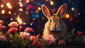 A rabbit amidst colorful flowers with a sparkler, creating a whimsical atmosphere. photo