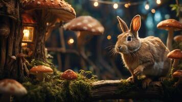 A whimsical scene featuring a rabbit near glowing mushrooms in a magical forest setting. photo