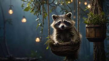 A raccoon sits peacefully in a hanging basket surrounded by soft lighting in a serene forest setting. photo