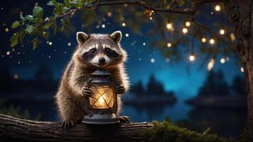 A raccoon holding a lantern in a serene, illuminated forest setting at night. photo