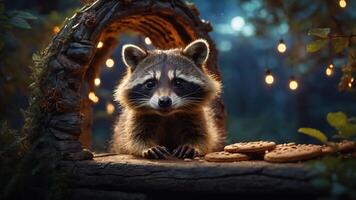 A raccoon sits beside cookies in a whimsical forest setting with glowing lights. photo
