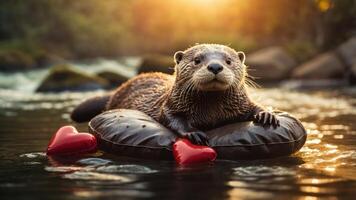 An otter relaxing on a float with heart-shaped decorations in a serene water setting. photo