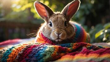 A cute rabbit wrapped in a colorful knitted blanket surrounded by greenery. photo